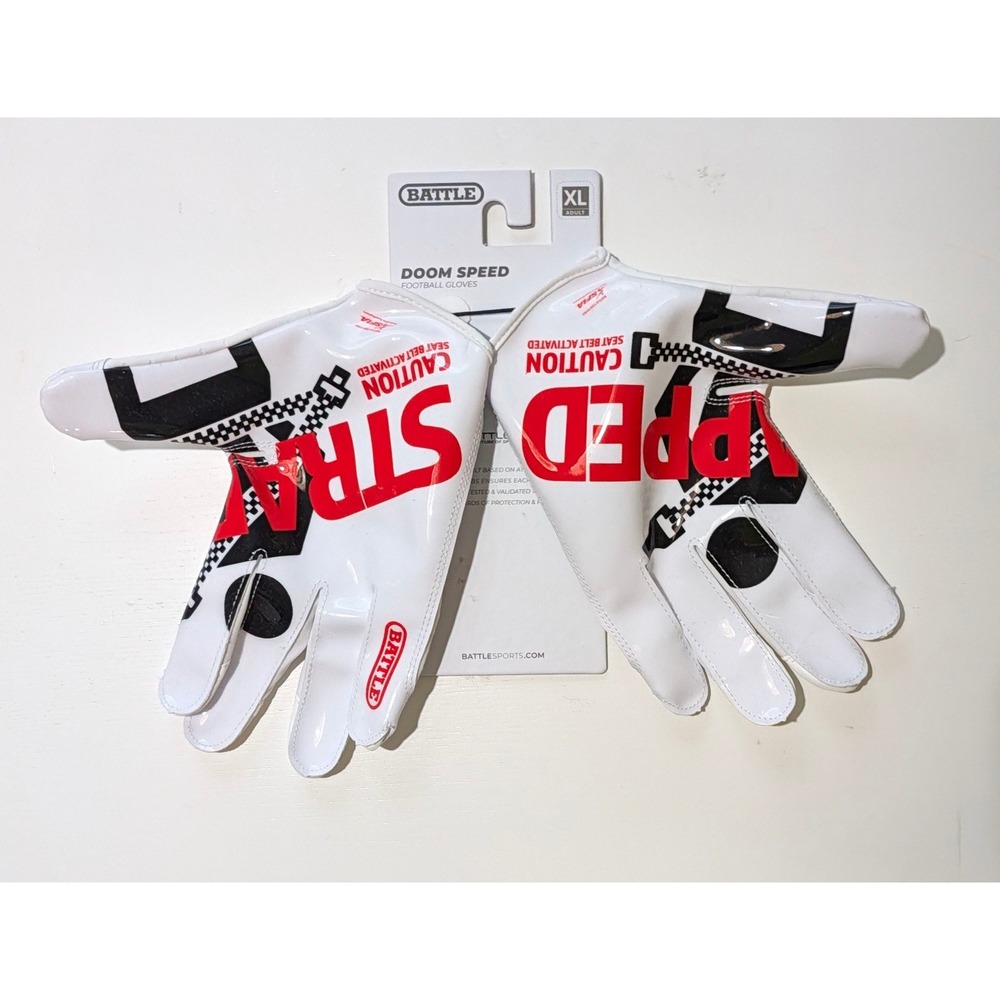 Battle Doom Speed Football Gloves Adult XL White Strapped Caution Ultra Stick